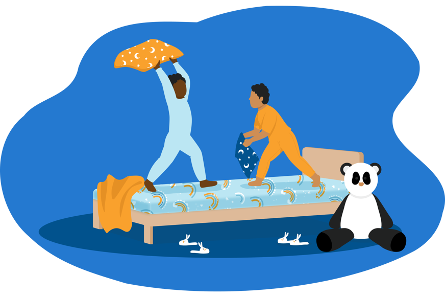 Desenho de duas crianças brincando em cima da cama, de pijamas.